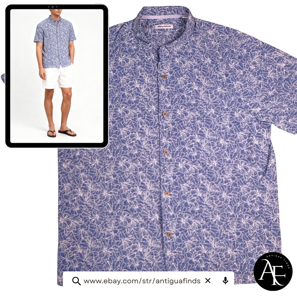 Tommy Bahama Mens XXL Blue White Hibiscus Floral 100% Silk Short Sleeve Shirt